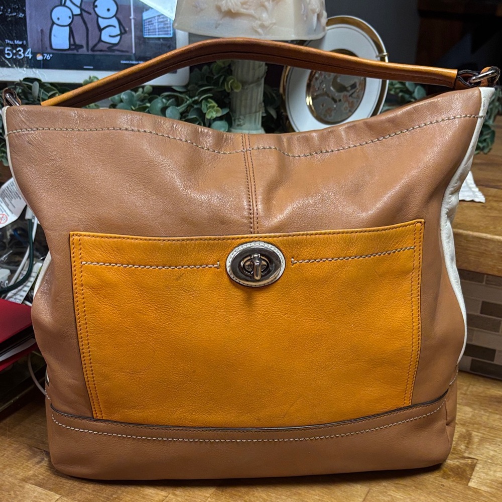 Coach Tan and Orange Shoulder Bag  some ink marks inside &small one on back